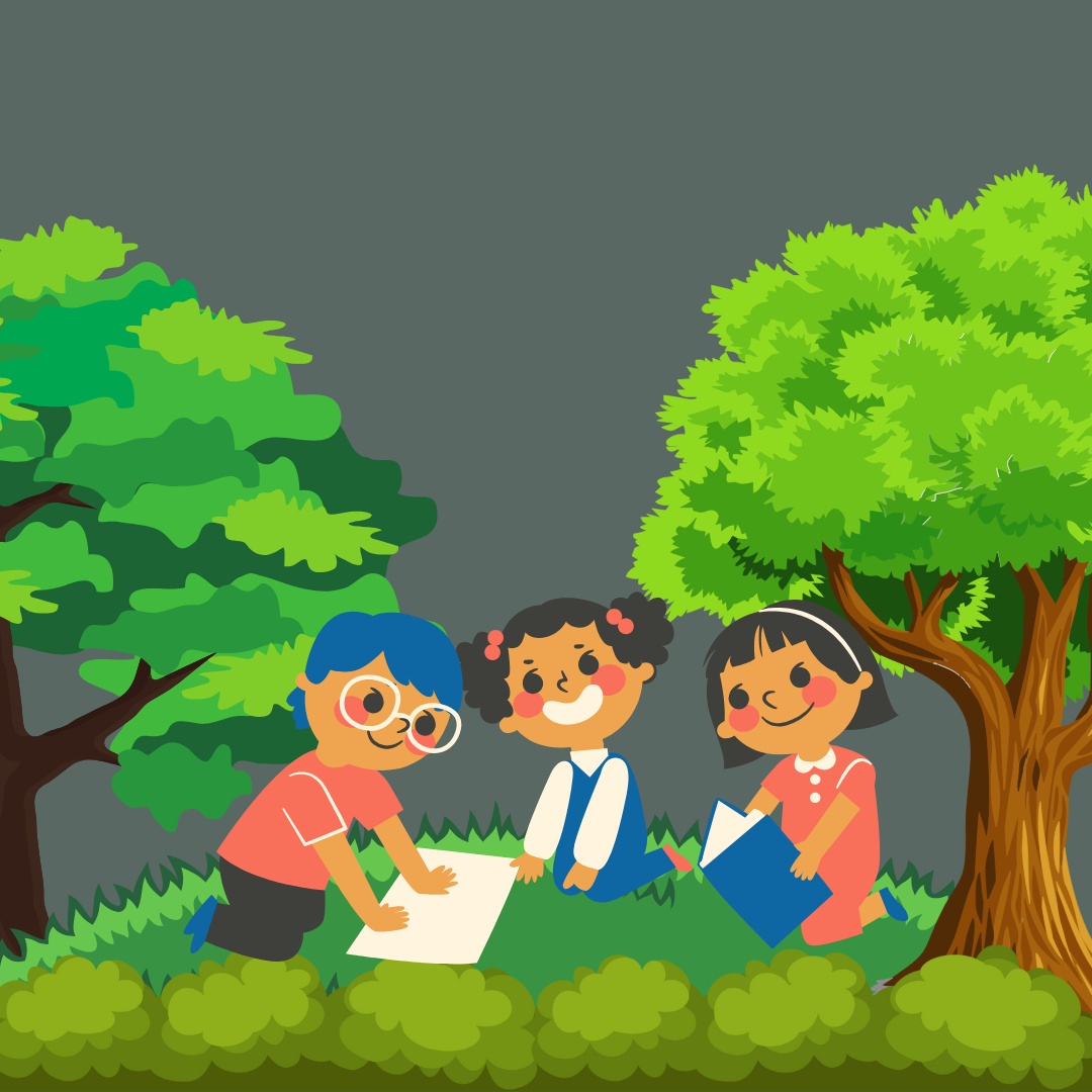 Three children sitting under a tree in a park, reading journals